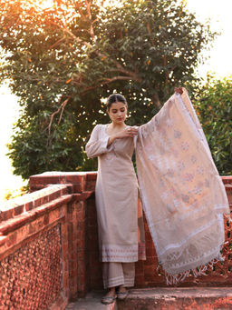 Safaa - Beige Cotton Woven Design Unstitched Kurta & Bottom with Dupatta (Set of 3)