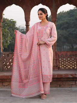 Safaa - Pink Cotton Woven Design Unstitched Kurta & Bottom with Dupatta (Set of 3)