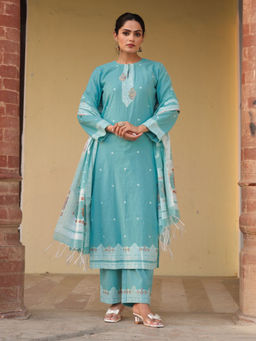 Safaa - Green Cotton Woven Design Unstitched Kurta & Bottom with Dupatta (Set of 3)