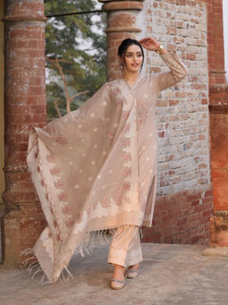 Safaa - Beige Cotton Woven Design Unstitched Kurta & Bottom with Dupatta (Set of 3)