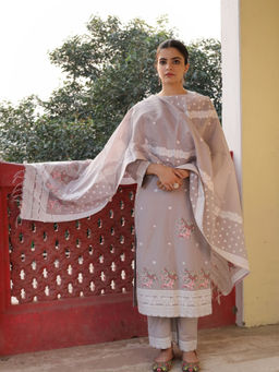 Safaa - Grey Cotton Woven Design Unstitched Kurta & Bottom with Dupatta (Set of 3)