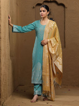 Safaa - Green Cotton Woven Design Unstitched Kurta & Bottom with Dupatta (Set of 3)