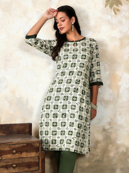 Aurelia - Women Green Floral Print Rayon Kurta