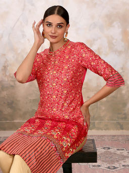 Aurelia - Red Floral Foil Print Liva Kurta With Sequin