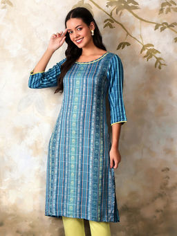 Aurelia - Blue Floral Motifs Dobby Kurta