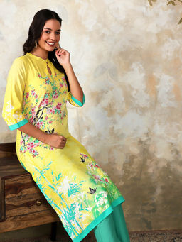 Aurelia - Yellow Floral Printed Straight Summer Kurta