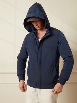 WROGN - Men Navy Blue Crushed Metallic Hooded Jacket