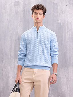 WROGN - Men Soft Pastel Blue Cable Knit Half Zipper Sweater