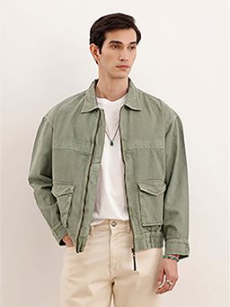 WROGN - Men Olive Oversized Zipper Denim Jacket
