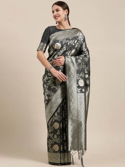 Sareemall - Womens Kanjeevaram Silk Grey Woven Design Designer Saree with Unstitched Blouse