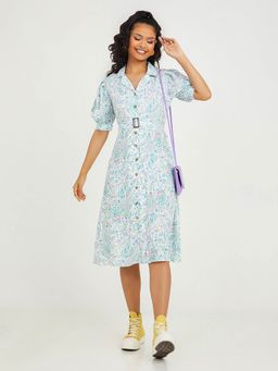 Styli - Off White Puff Sleeves Paisley Print Shirt Midi Dress With Belt (Set of 2)