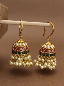 Abdesigns - Unique Kemp Stone White Pearl Jhumkas Earrings