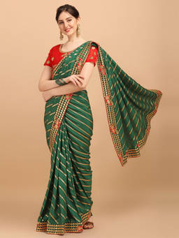 Amrutam Fab - Womens Embroidered Leheria Silk Blend Green Saree With Unstitched Blouse Piece