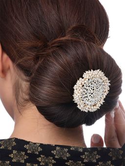 Yellow Chimes - Women Gold-Plated White Kundan-Studded and Beaded Juda Pin