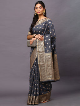 Akhilam - Women's Banarasi Grey Woven Design Woven Saree with Unstitched Blouse