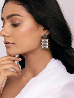 Indya - Dual Tone Black Floral Cylindrical Dangler Earrings