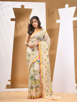 CHARUKRITI - Off White Muslin Soft Thread Embroidery Work Saree with Unstitched Blouse