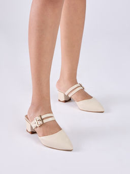 Twenty Dresses by Nykaa Fashion - Off White Solid Double Buckle Strap Mules