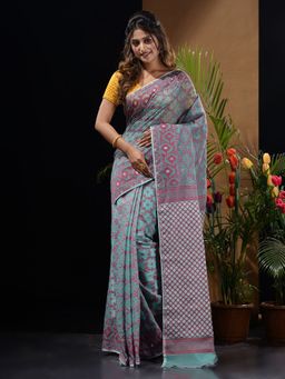 CHARUKRITI - Sea Green Handwoven Saree with Woven Patterns & Zari Pallu