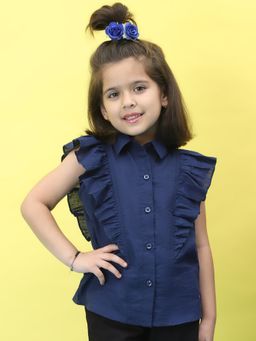 BaawRi - Girls Blue Cotton Front Open and Frill Shirt