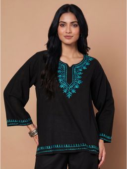Zamour - Women's Black Pure Cotton Kashmiri Embroidered Kurti
