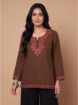 Zamour - Women's Brown Pure Cotton Kashmiri Embroidered Kurti