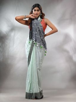 CHARUKRITI - Tea Green Cotton Handspun Handwoven Saree with Stripe Design & Unstitched Blouse