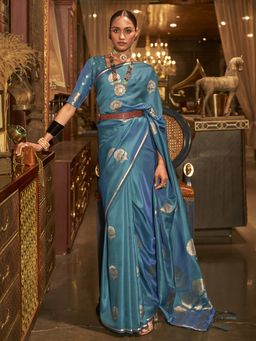 Akhilam - Womens Silk Blend Teal Blue Woven Designer Saree with Unstitched Blouse
