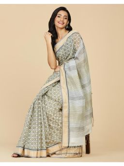 Fabindia - Beige and Green Cotton Silk Hand Block Printed Saree with Unstitched Blouse
