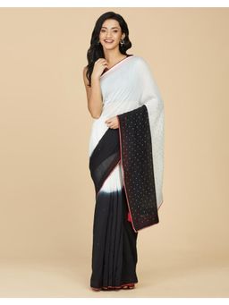 Fabindia - Natural and Black Cotton Silk Hand Embellished Saree with Unstitched Blouse