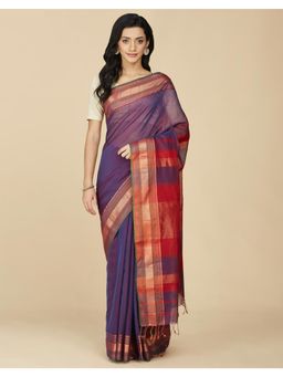 Fabindia - Purple Cotton Silk Maheshwari Saree Without Blouse