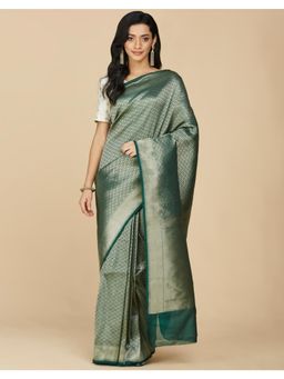 Fabindia - Green Viscose Silk Woven Saree Without Blouse