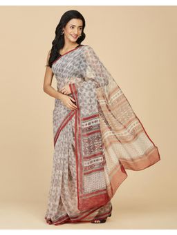 Fabindia - Beige Cotton Silk Bagh Printed Saree Without Blouse