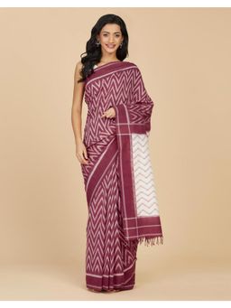 Fabindia - Wine Cotton Ikat Saree Without Blouse