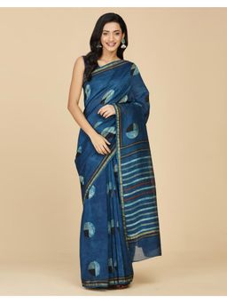 Fabindia - Indigo Cotton Silk Dabu Saree with Unstitched Blouse