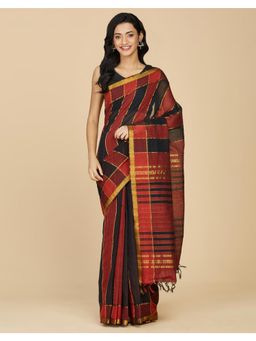 Fabindia - Black and Maroon Cotton Striped Saree Without Blouse