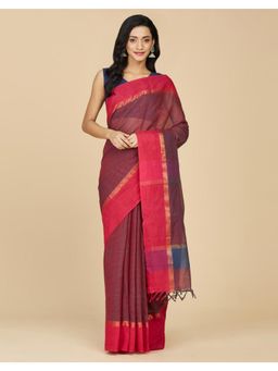 Fabindia - Maroon Cotton Hand Woven Saree with Unstitched Blouse