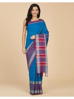 Fabindia - Blue Cotton Woven Saree Without Blouse