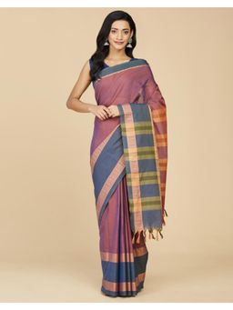 Fabindia - Wine Cotton Woven Saree Without Blouse