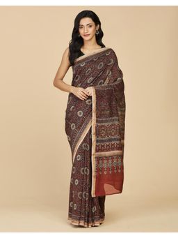 Fabindia - Maroon Cotton Silk Ajrakh Printed Saree with Unstitched Blouse