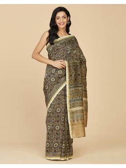 Fabindia - Olive Green Cotton Silk Ajrakh Printed Saree with Unstitched Blouse