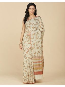 Fabindia - Beige Cotton Silk Hand Block Printed Saree Without Blouse