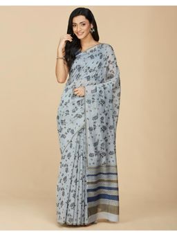 Fabindia - Blue Cotton Silk Hand Block Printed Saree Without Blouse