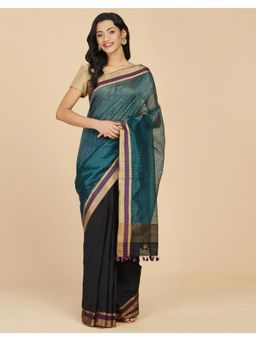 Fabindia - Teal Silk Hand Woven Saree with Unstitched Blouse
