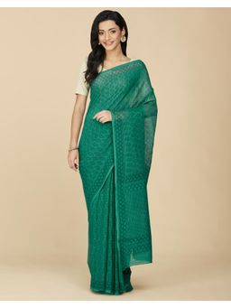 Fabindia - Green Cotton Hand Block Printed Saree Without Blouse