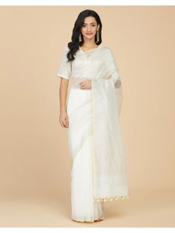 Fabindia - Natural Linen Blend Hand Woven sequin work Saree with Unstitched Blouse