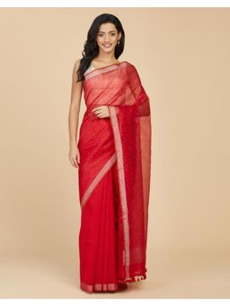 Fabindia - Red Linen Blend Hand Woven sequin work Saree with Unstitched Blouse