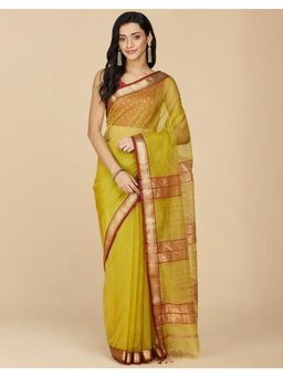 Fabindia - Green Cotton Silk Maheshwari Saree Without Blouse