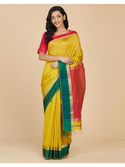 Fabindia - Mustard Cotton Silk Blend Maheshwari Saree with Unstitched Blouse