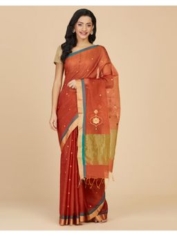 Fabindia - Orange Cotton Silk Chanderi Saree with Unstitched Blouse
